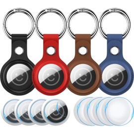 RFUNGUANGO Airtags Halter Schlüsselanhänger Schlüsselring, 4 Pack Ledertasche Abdeckung für Frauen Männer Kinder mit Apple Air Tag GPS Tracker Item Finders,Schwarz, braun, blau, rot