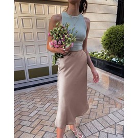 Zeagoo Women's Satin Skirt, Long High-Waisted Skirt, Elegant Silk Midi Skirt, Autumn/Winter Midi Business Skirt with Zip, champagne