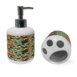 Ambesonne Geometric Soap Dispenser & Toothbrush Holder Set, Mid-Century Style Repetitive Triangles Circles Stripes Squares Art, Ceramic Bathroom Toiletry Accessories, 2 Pcs, Vermilion and Sea Green