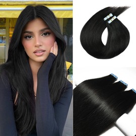 Tape in Hair Extensions Human Hair for Women, 14 inches Silky Straight Remy Human Hair Seamless Skin Weft Tape in Extensions 50 Gram 20Pcs/Pack Thick Hair,（Jet Black #1）