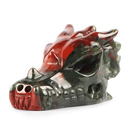 SMQ 2" Crystal Dragon Head Skull Statue Hand Carved Africa Bloodstone Gemstone Realistic Dragon Animal Carvings Figurines Feng Shui Sculpture Reiki Healing Stones