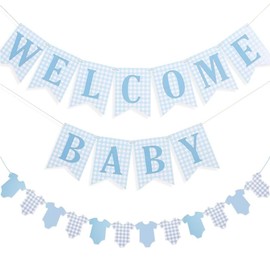 ZZTBTNO Blue Gingham Welcome Baby Banner Garland - DIY Paper Bunting for Baby Shower, Gender Reveal Party, Boy Baby Decor, Nursery Wall Decoration