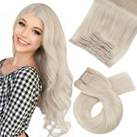 Moresoo Clip-In Real Hair Extensions, Salon Quality, Soft Straight Hair, 30 cm, 5 Pieces, 80 g, Clip-In Extensions, #60 Platinum Blonde, Easy to Wear, Solid and Durable