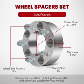 GDSMOTU 5x5 5x127 Wheel Spacers 2 inch, 2005-2010 for Grand Cherokee WK 2007-2018 for Wrangler JK/JKU 2006-2010 for Commander XK 1999-2004 for Grand Cherokee WJ, Adapters with 1/2" Studs 87.1mm Bore