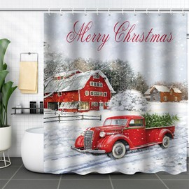 Merry Christmas Red Vintage Truck Shower Curtain Tree Set with 12 Hooks, 72x72 Inch Winter Rustic Retro Farmhouse Shower Curtain Waterproof Fabric