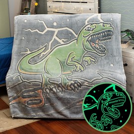 Glow In The Dark Blanket T-Rex Dinosaur Throw Blankets, GLOWING SNUGGLES Blanket 50" x 60", Blankets for 3-10 Years Old Child Teen Birthday Gifts, Soft Cozy Flannel Fluffy Plush, kids blanket