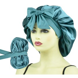 Silk Bonnet for Sleeping Women Curly Hair Long Hair Braids, Double Layer Satin Bonnet with Tie, Large Silk Lined Sleep Caps Peacock Blue