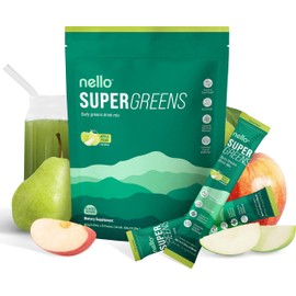 Nello Nello Supergreens Premium Superfood Greens Drink Mix w/Chlorella, Moringa, Spinach & Broccoli + Digestive Enzymes & Probiotic Blend -Nutrient-Packed Powder Wellness (Apple Pear, 20 SRV, Travel Pack)