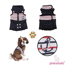 Navy Blue Middy Flirt Harness Dog Dress with Paw Button Pin-Sizes S THU L (Small- Chest 12.4”, Neck 8-10”, Navy Blue Nautical Stripe)