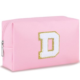 URSKYTOUS - Bolsa de maquillaje con inicial para mujer, bolsa de cosméticos grande, bonita bolsa de maquillaje rosa para cartera, bolsa de aseo con cierre, organizador de piel sintética, brochas de