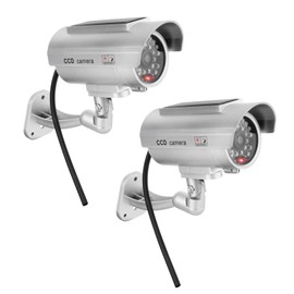 Twilight Garage 2 Packs Dummy Camera Waterproof Bullet Simulated CCTV Fake Security Camera with Flashing Red LED Light & Warning Security Alert Sticker, Indoor Outdoor Use (Silver)