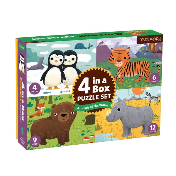 Mudpuppy Animals of The World 4-in-A-Box Puzzles, Ages 2-5, 4-Piece, 6-Piece, 9-Piece and 12-Piece Puzzles, Difficulty Level Grows with Child, Each Puzzle Measures 6 x 8