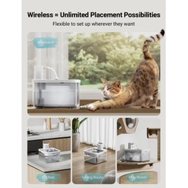 DownyPaws Battery Operated Cat Water Fountain Stainless Steel, 84oz/2.5L Fursink Wireless Pet Water Fountain for Cats Inside, Automatic Dog Water Dispenser with Faucet, Quiet Pump, BPA-Free, White