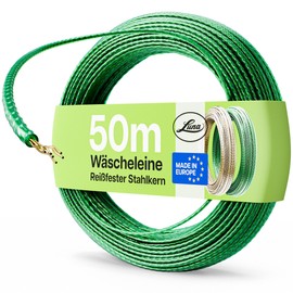 Luna Washing Line 50 m - Washing Line Extra Strong with Steel Insert - Stretch-free and Weather-Resistant - Includes Tensioner - Green Plastic Coating - Ideal for Garden & Camping - Made in EU