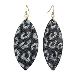 Women's Faux Leather Textured Pattern Elongated Oval Dangle Pierced Earrings, Leopard Black