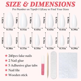 LoveOurHome 240pc Short Almond White Press on Nails Colored Fake Nail Tips Full Cover Artificial Fingernail French Stiletto Manicure with Adhesive Tabs for Women Girls Kids