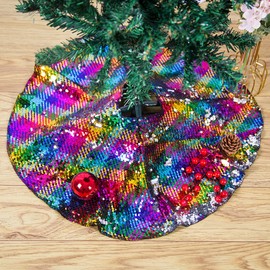Christmas Tree Skirt 24 Inches Rainbow to Silver Reversible Sequin Tree Skirt 24 Inches Small Round Tree Skirt Sequin Christmas Tree Skirt Home Decoration Indoor or Outdoor