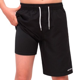 MEILONGER Boys Swim Trunks Boys Swimming Shorts with Compression Liner Quick Dry Stretchy 2 in 1 Board Shorts Size 8,10-12,14-16,18-20 Years(Black,10-12)