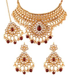 I Jewels Gold Plated Indian Traditional Kundan Choker Necklace Jewellery Set with Earrings & Maang Tikka For Women (K7074M)