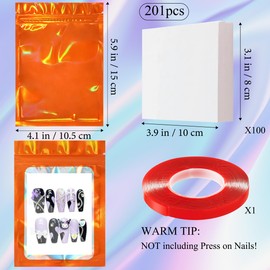 100PCS Empty Solid Orange Holographic Nail Storage Bag Press on Nail Packaging Bag and 100PCS Shiny white cardboard Nail Tips Packaging Bags with 1 Roll Transparent Tape
