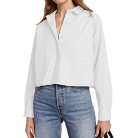 siliteelon Button Down Shirts for Women Cotton Cropped Long Sleeve Button Up Shirts Crop Shirts Tops Blouse with Pocket White