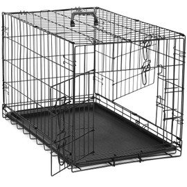 DUMOS Dog Crate with Double Doors, Metal Foldable Pet Cage with Divider Panel and Removable Tray, Portable Large Kennel for Outdoor Indoor with Handle, Black, 42 Inch
