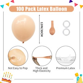 PatiCool Nude Balloons - 12 inch 100pcs Latex - Round Neutral Boho Birthday Balloons with 2 Ribbons, Helium Apricot Balloons for Birthday Party, Wedding, Anniversary, Baby Shower Decorations