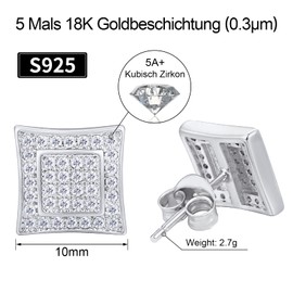 VEXXS Men's Earrings 925 Silver, 18 Carat Gold/White Gold Plated Men's Earrings, 5A Cubic Zirconia Iced Out Stud Earrings, Diamond Earrings for Men, Jewellery Gift for Men Women Men, 10 mm, Sterling