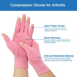 2-Pair Arthritis Compression Gloves for Alleviate Rheumatoid Osteoarthritis, Carpal Tunnel Raynauds Disease, Ease Muscle Tensi on Fingerless, Breathable & Moisture, Women and Men (Pink, Medium)