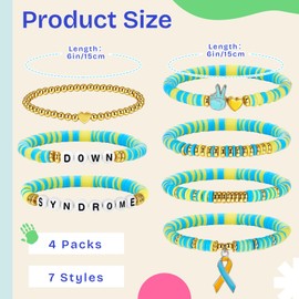 Huquary 28 Pcs Down Syndrome Awareness Bracelet bulk including 7 Styles Stackable Rainbow Vinyl Disc Clay Beaded Stretch Bracelets Down Syndrome Gifts for Kids