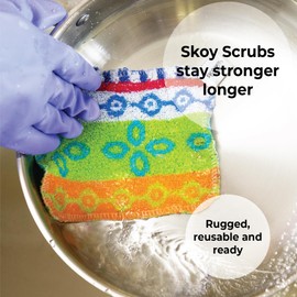 Skoy Scrub, 2-pack Reusable, Non-Scratching Dish Scrubber for Kitchen and Household Cleaning, Planet-Friendly, Dishwasher Safe Soft Scrub, Assorted Colors and Designs