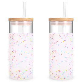Tronco 20 oz Glass Tumbler with Lid and Straw, Iced Coffee Cup and Smoothie Cup with Bamboo Lids & Protective Silicone Sleeve, Dishwasher Safe, BPA-Free, Glass Cup 2 Pack