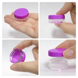 Beauticom 3g/3ml (0.1 Fl Oz) Round Clear Plastic Jars with Round Top Lids for Creams, Lotions, Make Up, Powders, Glitters, and more... (Color: Purple Lid Quantity: 50 Pieces)