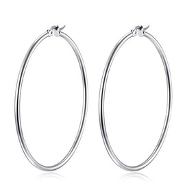 BIYONGDE Womens Stainless Steel 55MM Large Hoop Earrings, Silver Color, Huggie Hinged Big Hoop Earrings,Classic Party Style