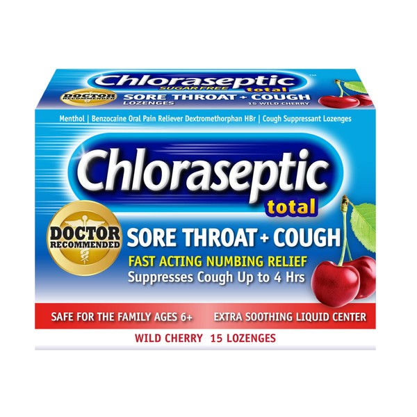 Chloraseptic Total Sore Throat + Cough Lozenges, Sugar-Free Wild Cherry Flavor, 15 Count