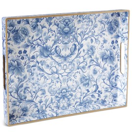 ORIGTRAY Serving Tray with Handles, Rectangular Plastic Tray 15.75x11.81 Inch, Blue and White Peony Chinese Porcelain Style Decorative Tray for Kitchen, Dining Table, Vanity, Office & Home