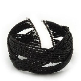 Avalaya Boho Black Glass Bead Plaited Flex Cuff Bracelet - Adjustable