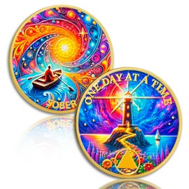 Fantasy Lighthouse Sobriety Coins - One Day at a Time AA Coin, Alcohol Free Recovery Chip, Sobriety Gifts for Men and Women