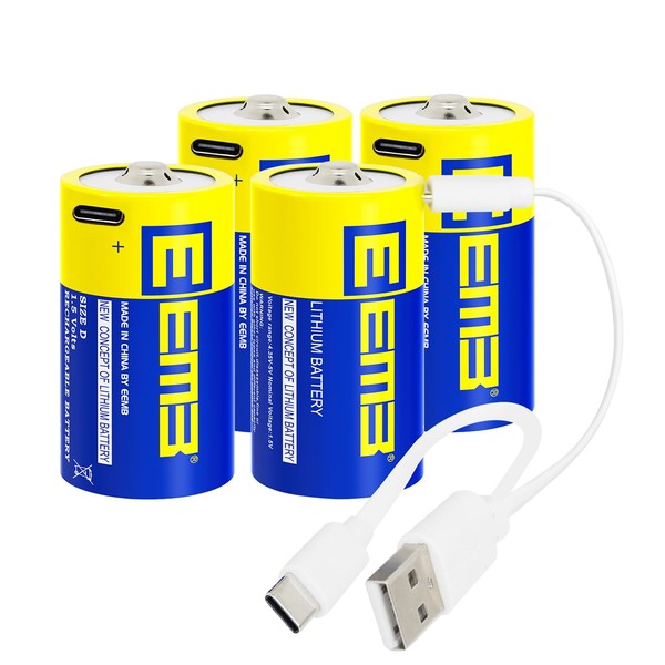 EEMB - Paquete de 4 baterías D de 1,5 V recargables de celda D Baterías de litio recargables USB tipo C LR20 5550 mWh D Batería para linterna