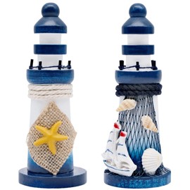 FORYNXHWIN Pack of 2 Wooden Lighthouse Model Mini Lighthouse Decoration Maritime Decoration Fairy Garden Ornaments Wedding Table Decoration for Bathroom Children's Room Flower Pot