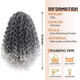 Rafabcici 16 Inch Kinky Curly Deep Wave Drawstring Ponytail Extension for Black Women - Synthetic Hairpiece with 2 Clips, Perfect for Daily Wear (Salt and Pepper, T1B/Gray)