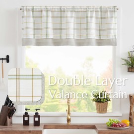 jinchan Valance Curtain Buffalo Checkered Valance Classic Plaid Curtain Small Window Valance for Kitchen Living Room Blackout Double Layer Valance 18 Inch 1 Panel Green and Taupe Striped on Off White