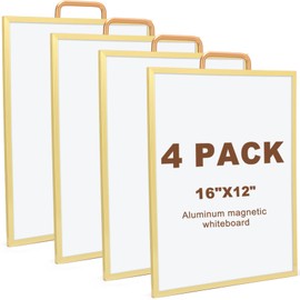 Yeaqee 4 Pcs Small Dry Erase White Board 16" x 12" Hanging Magnetic Whiteboard Double Sided Mini Dry Erase Boards Portable Aluminum Frame with Hook for Wall to Do List Home Office(Gold)
