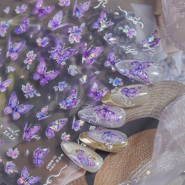 5D Butterfly Nail Art Stickers Spring Summer Embossed Nail Stickers Purple Butterfly Nail Decals Design 1PCS DIY Self Adhesive Nail Art Supplies for Women Manicure Decoration Accessories