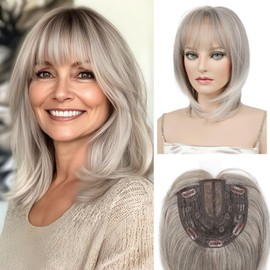 HOOJIH Hair Topper for Women with Thinning Hair 6.5x6.5 Inch Large Base Hair Topper with Bangs Handmade Invisiable Lace Front Hair Topper Wig Hair Pieces for Women - Ash Gray with White Gray Tails