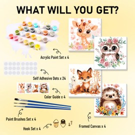 BOWETILE 4 Pack Animals Framed Paint by Numbers for Children, Painting by Numbers Kit for Kids Ages 4-8-12, Painting Kits for Kids Beginner, DIY Acrylic Pigment Drawing Paintwork for Home Decor20x20cm