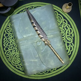 Vintage Green Leather Journal - 200 pages Deckle Edge Rustic Paper - Unlined Pages Book of Shadows, Grimoire, Junk Notebook, Fantasy Medieval Gifts, Sketchbook, Antique Scrapbook (Earthy Green, 7"x5")