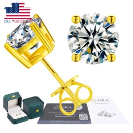 Local US Stock Real 14K 18K Gold Plated 925 Sterling Silver Synthetic VVS Moissanite Diamond Stud Earrings for Men WomenColor: 9mm Total 6ct-Gold