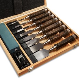 SELFIE CAT 10 Piece Wood Chisel Set for Woodworking Tools Wood Carving Tools with Wooden Case and Sharpening Stones Wood Carving Kit for Beginners and Professionals Black Walnut