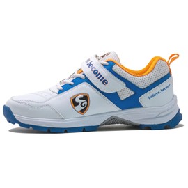 SG Century 6.0 Rubber Spikes Cricket Shoes, White/Royal Blue/Orange, 8 UK